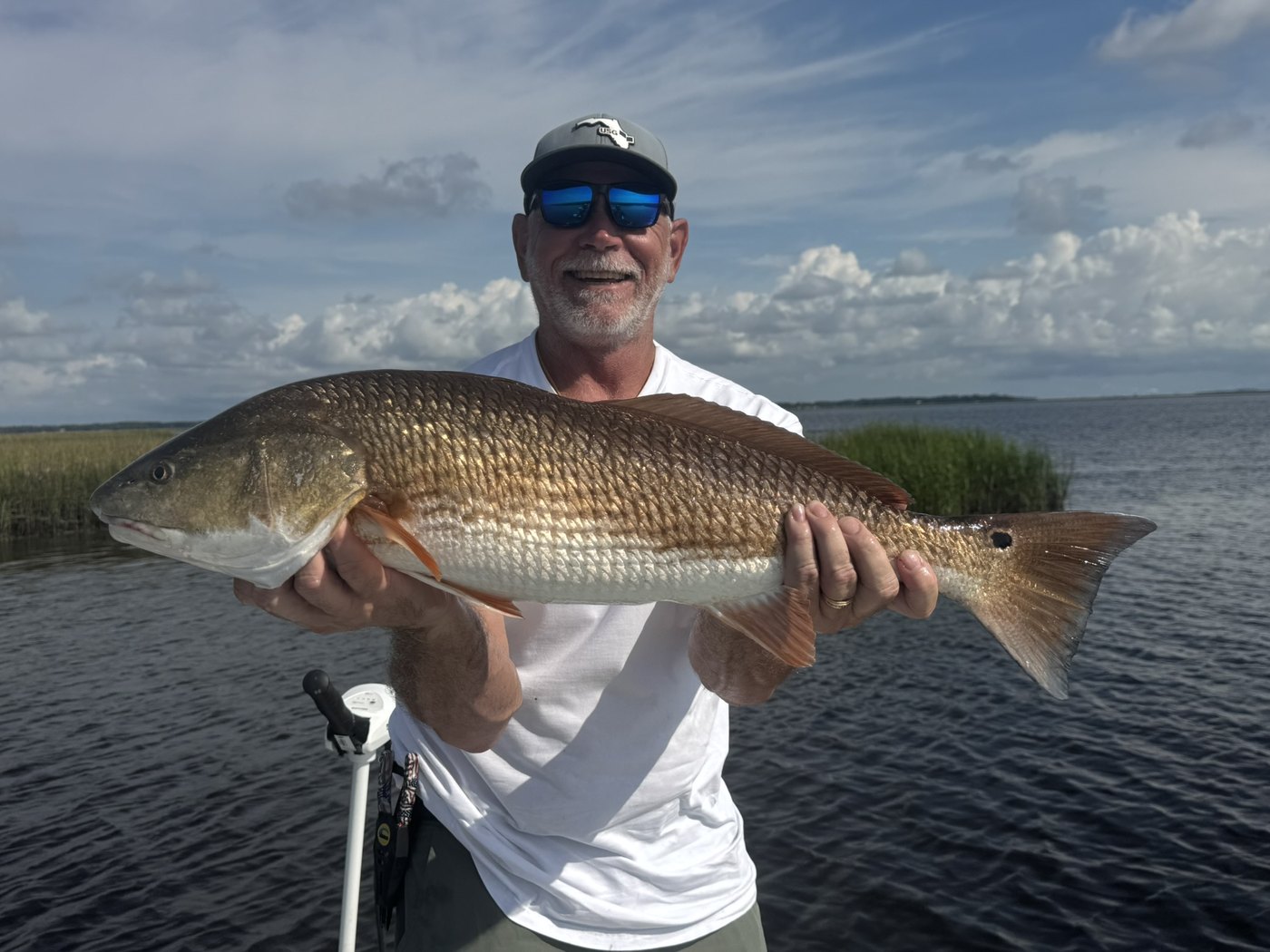 Large redfish held near marsh water